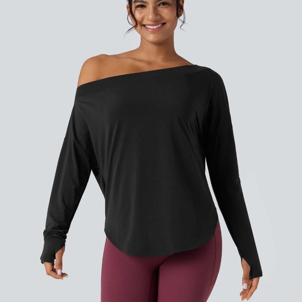 XL One Shoulder Long Sleeve Thumb Hole Curved Hem High Low Quick Dry Yoga Sports